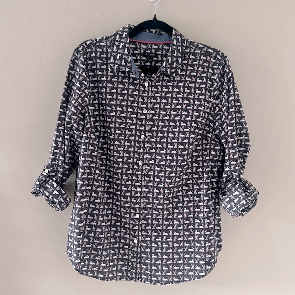 Talbots Blue White Swan Print Cotton Button Down Shirt Size 12 Preppy Classic - Picture 2 of 11